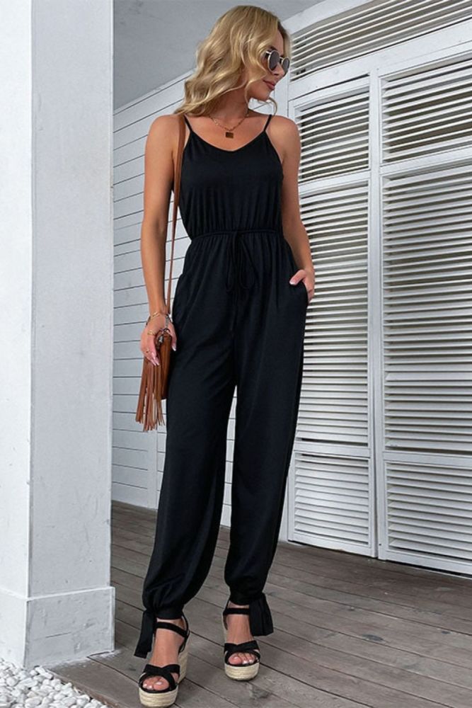 Women's Elegant Black Slim Lace-up Summer Jumpsuits