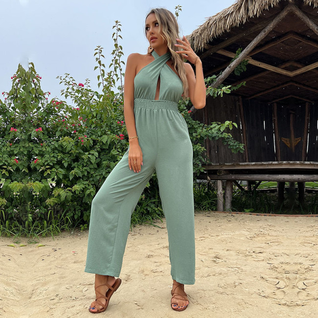 Ladies High Street Solid Color Sling Sleeveless Sexy Backless Chic Jumpsuit