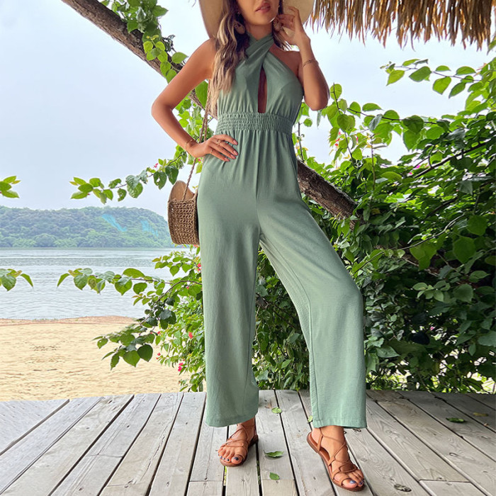 Ladies High Street Solid Color Sling Sleeveless Sexy Backless Chic Jumpsuit