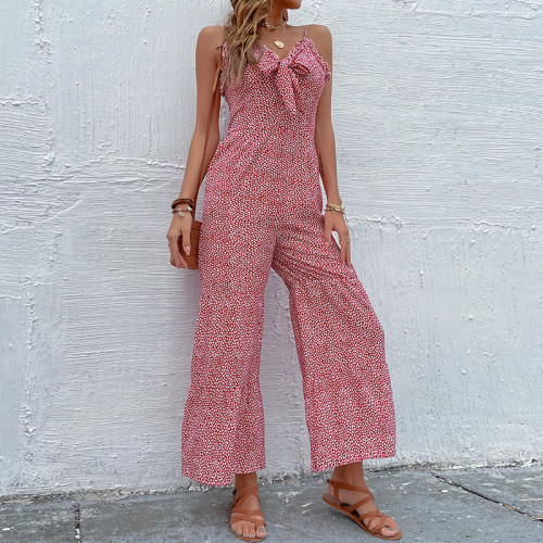 Women's Summer Floral Casual Red Bowknot Halter Wide Legs Jumpsuit