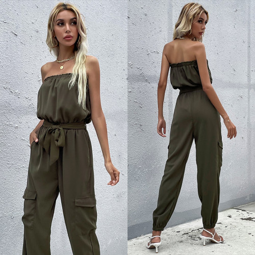 Women's Green One-Line Neck Straight Waistband Jumpsuit