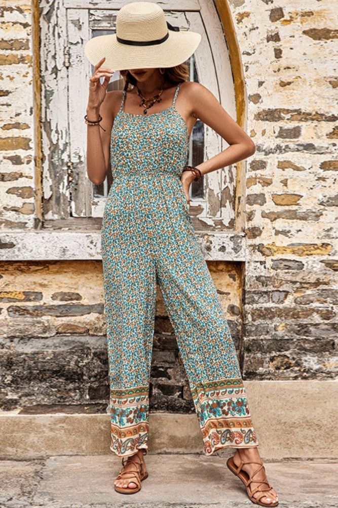 Summer Women's Casual Spaghetti-Strap Floral Print Sleeveless Jumpsuit