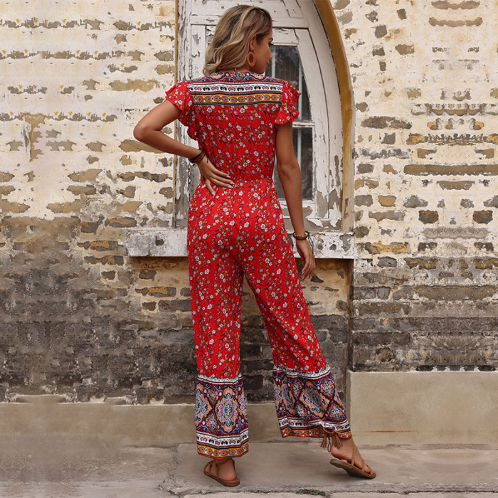 Women's One-Piece Bell-Bottom Bohemian Ruffled Red Jumpsuit