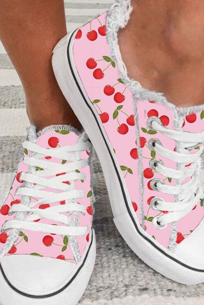 New Cherry Print Casual All-match Low-top Round Toe Canvas Shoes