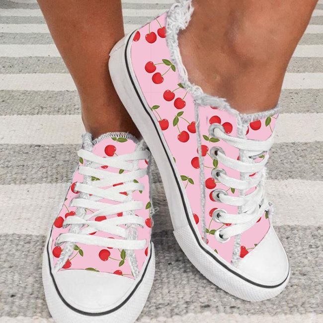 New Cherry Print Casual All-match Low-top Round Toe Canvas Shoes