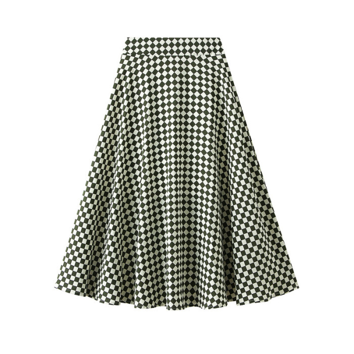 Women's Vintage Flared Checkerboard Midi Skirt