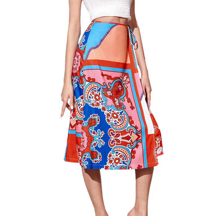 Summer Boho Tribal Graphic Print Side Self Tie Long Skirt