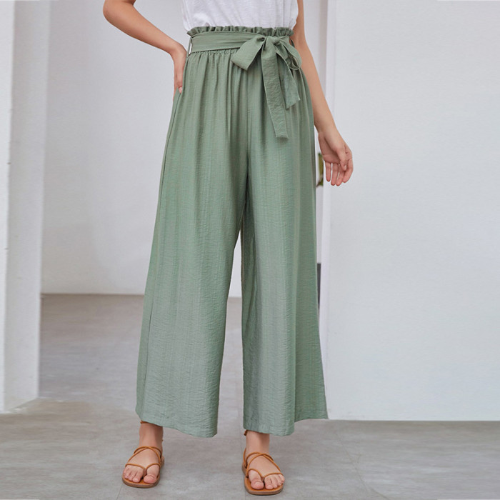 Ladies Casual Wide-leg Solid Color Tie Cropped Pants