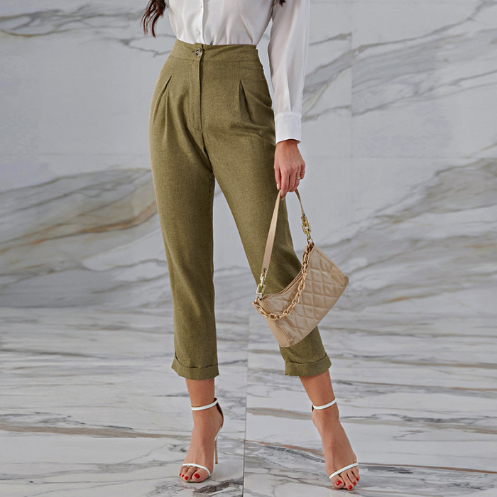 Women Army Green Office Tall Solid High Waist Carrot Cropped Pants