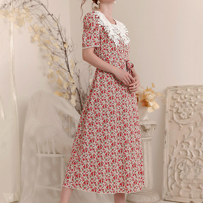 Summer French Sweet Floral Elegant Women Chic Midi Dress