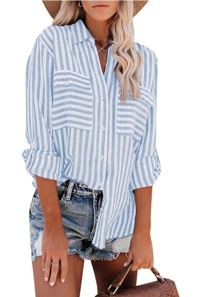 Women's New Striped Single-breasted Long-sleeved Blouses
