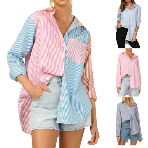Women's Print Patchwork Striped Single Breasted Loose Blouses