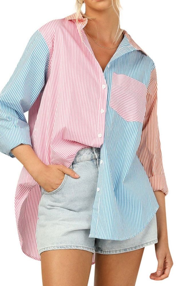 Women's Print Patchwork Striped Single Breasted Loose Blouses