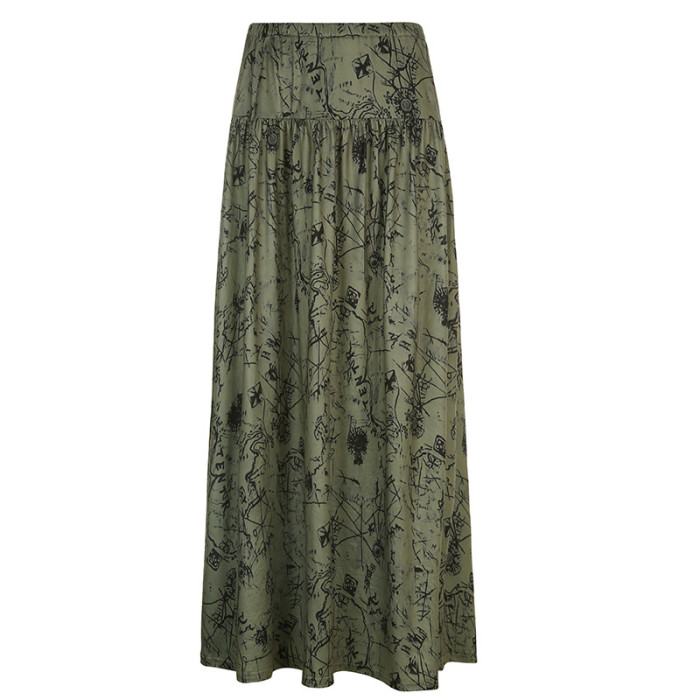 Print High Waist Long Korean Fashion Vintage Pleated Skirts