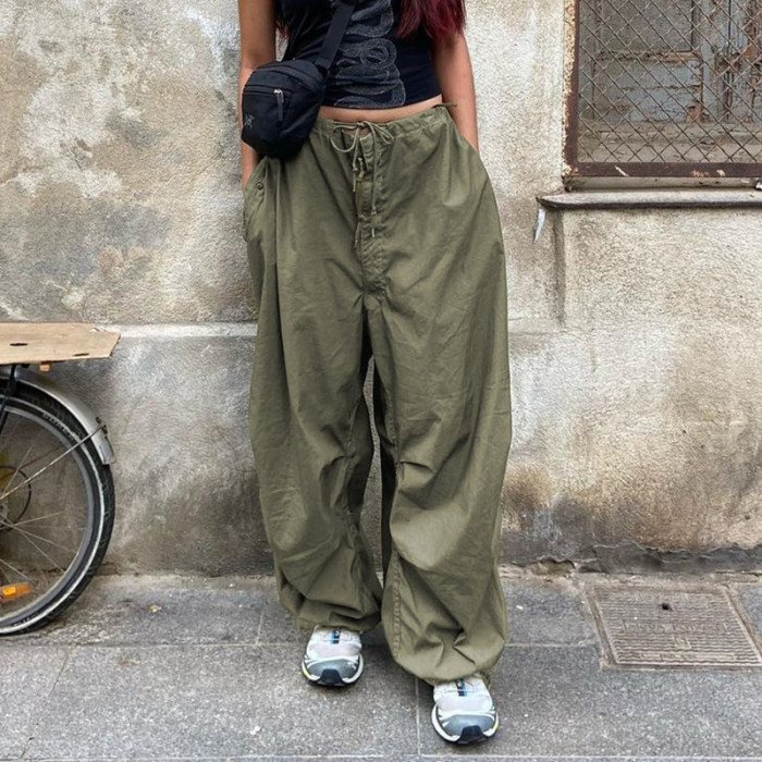 White Cargo Pants Baggy Pocket Patchwork Low Rise Casual Pants