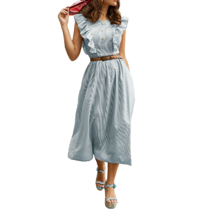 Boho Elegant Stripe Ruffle Loose A-Line Maxi Dress