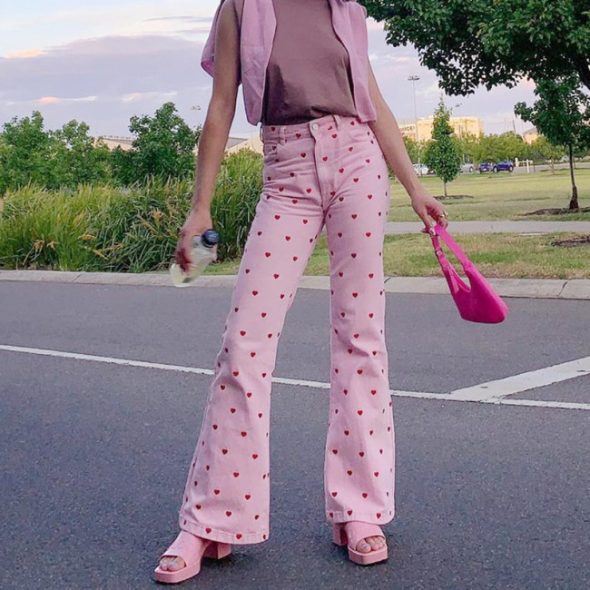 Women High-Waist Straight Pink Casual Jeans