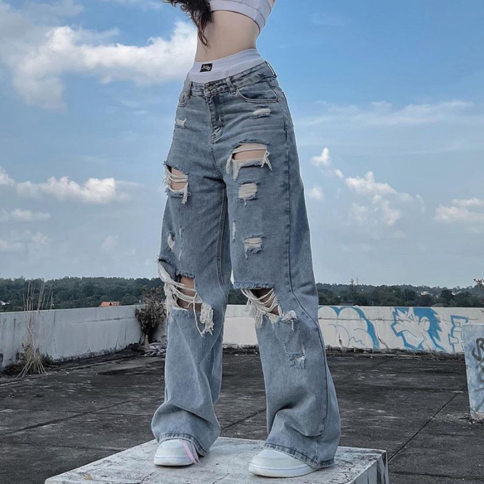 Female New Street Style Vintage High Waist Hole Jeans