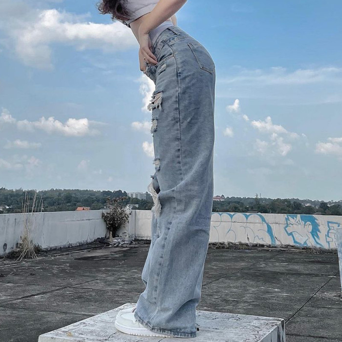 Female New Street Style Vintage High Waist Hole Jeans