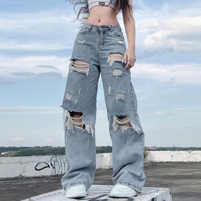 Female New Street Style Vintage High Waist Hole Jeans