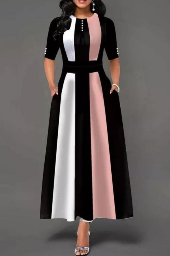 Vintage Women Round Neck Color Retro Maxi Dress