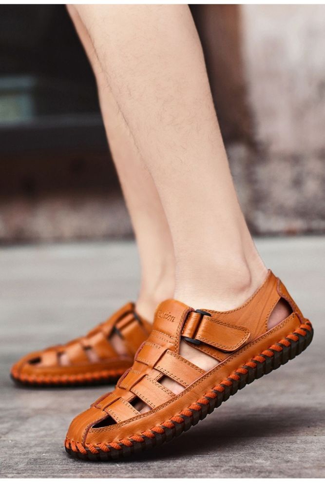 Summer Men Breathable Casual Black Flat Hook & Loop Sandals