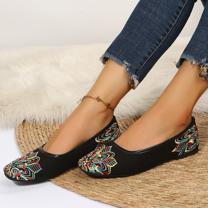 Women's Classic Embroidered Stitching Bow Round Flat Shoes