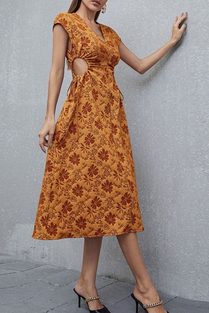 Fashion Side Hollowed-Out Temperament Print Casual Dress