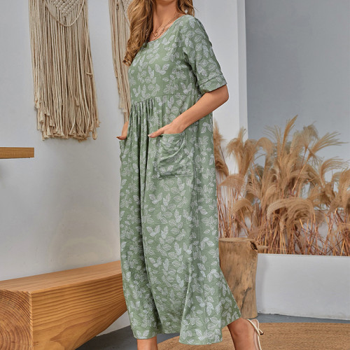 Women Elegant Boho Print With Pocket Half Sleeve Casual Dress