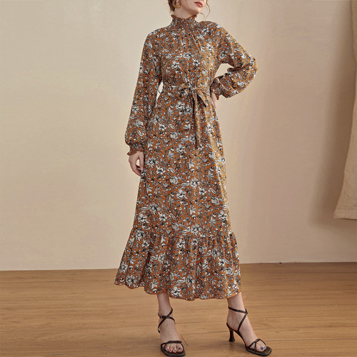 Fashion Print Standing Collar Chiffon Maxi Dress