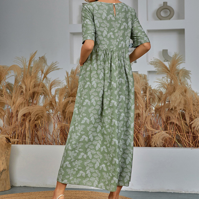 Women Elegant Boho Print With Pocket Half Sleeve Casual Dress