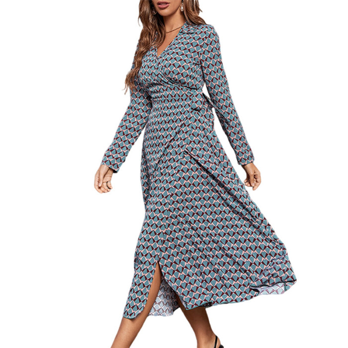 Woman Graphic Print Long Sleeve V-Neck Split Belt Maxi Dress