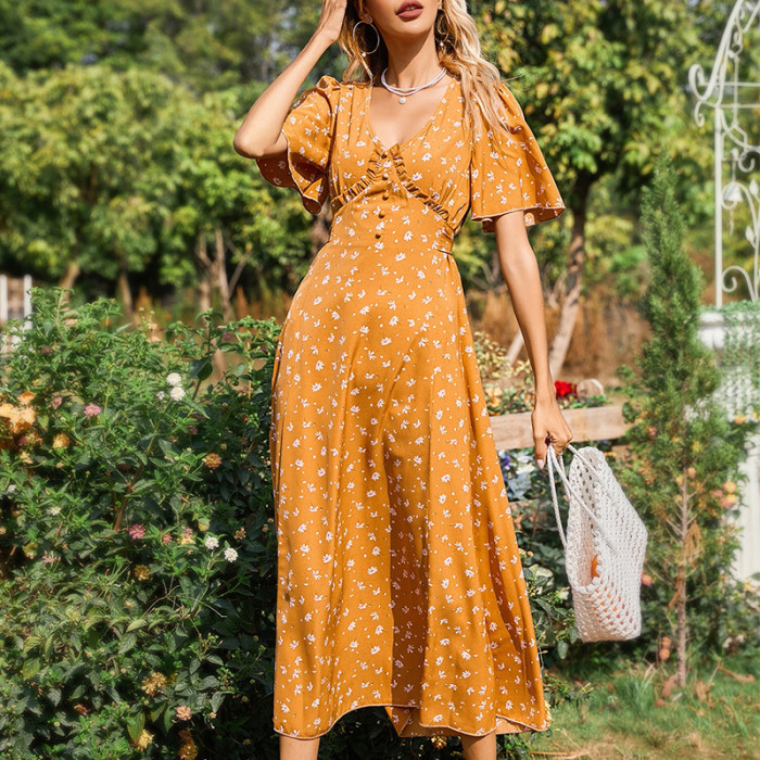 Woman V-Neck Lotus Leaf Sleeves Sweet Floral Casual A-Line Dress