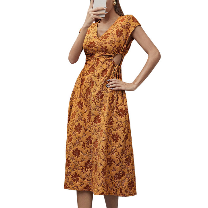 Fashion Side Hollowed-Out Temperament Print Casual Dress