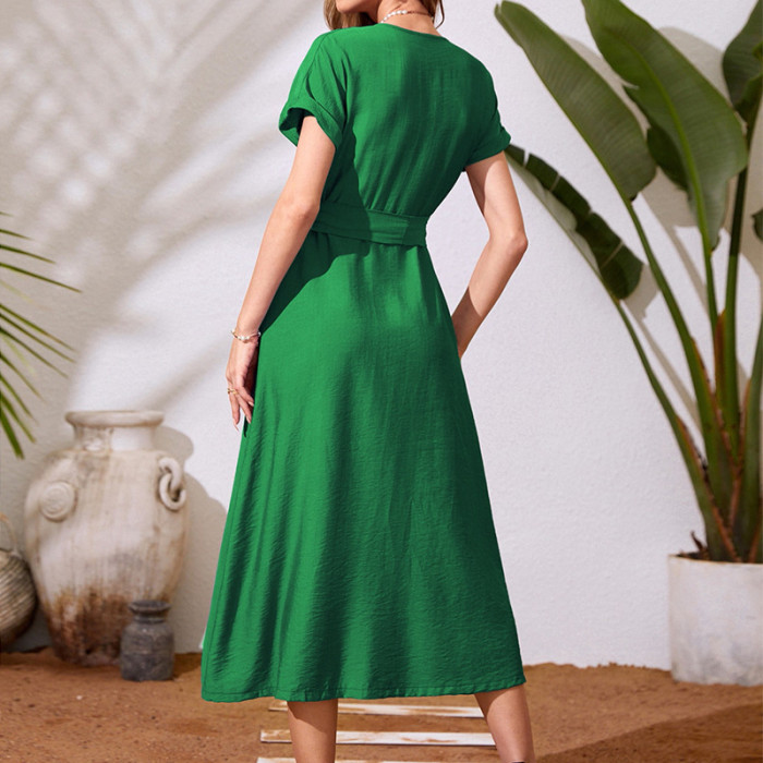 Green V-Neck High Waist with Single-breasted and Belt Casual Dress