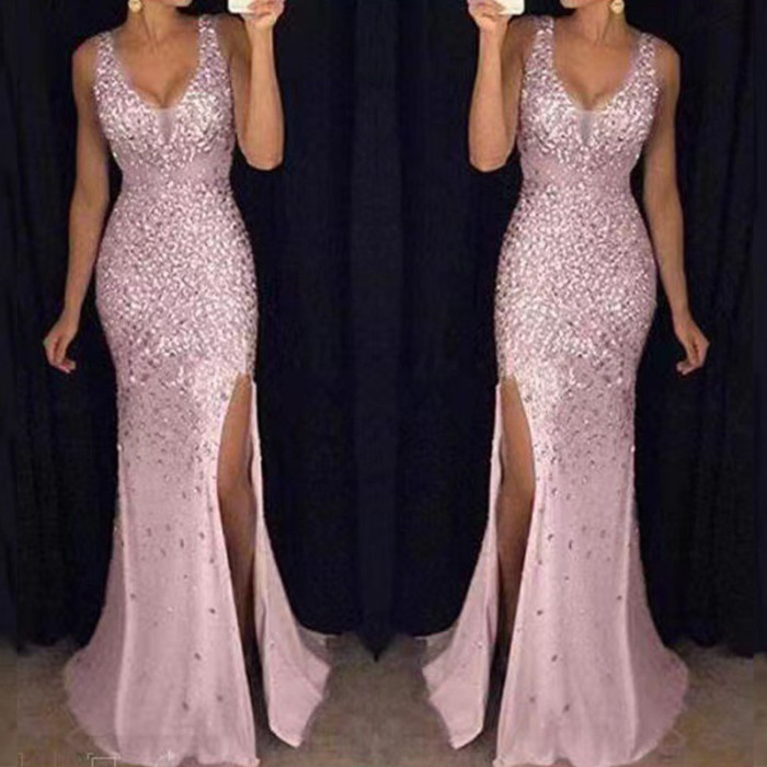 Fashion Sexy Off Shoulde Sequins High Waist Slit Party Evening Dress