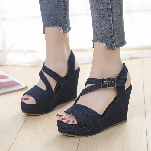 Women Fashion Blue Casual High Heel Wedges Sandals