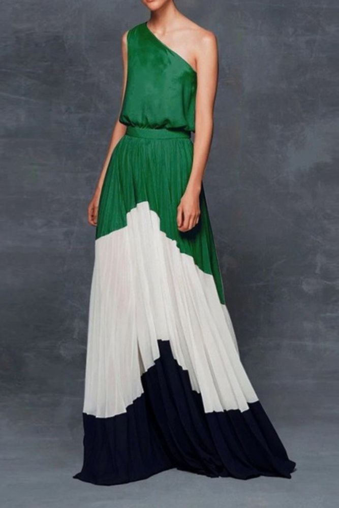 Woman Patchwork Inclined Off-one-shoulder Contrast Color Party Dress