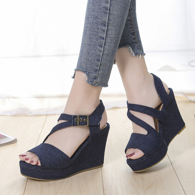 Women Fashion Blue Casual High Heel Wedges Sandals
