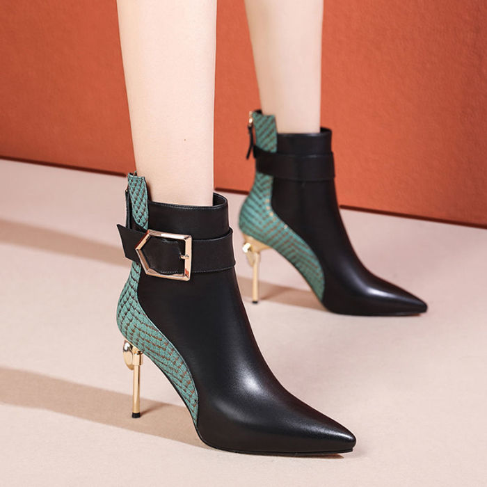 Women's Pointed Toe Color Matching Belt Buckle High Heel Boots