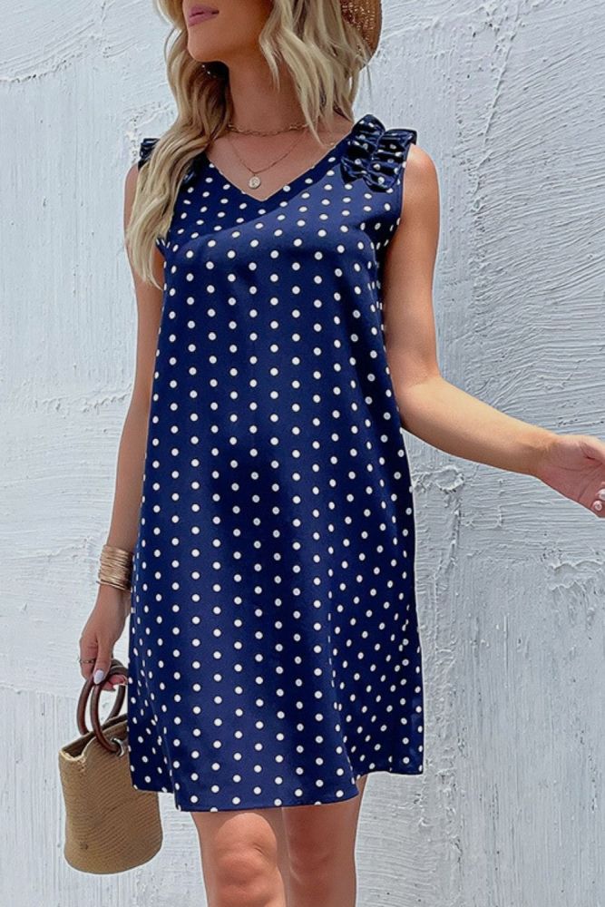 Elegant Blue Polka Dot Knee-length A-line Casual Dress