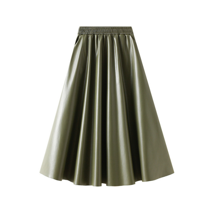 Autumn PU Leather A-line High Elastic Waist Skirt