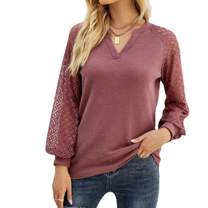Women Vintage Hollow Out V-Neck Solid Casual Blouses