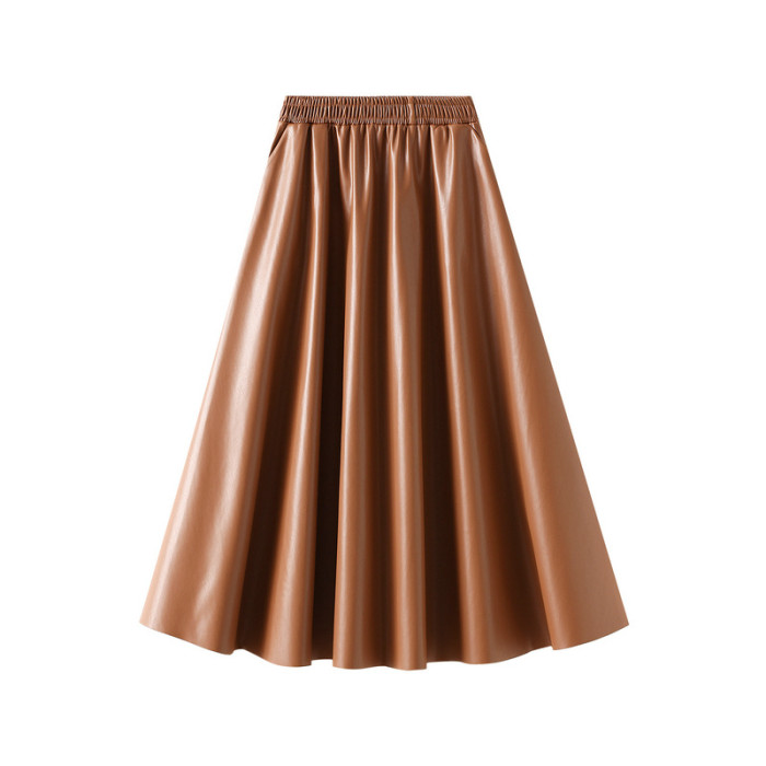 Autumn PU Leather A-line High Elastic Waist Skirt