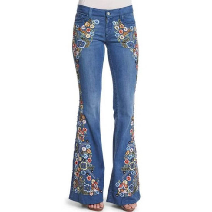Women's Embroidered Casual Washed Bell-Bottom Flare Jeans