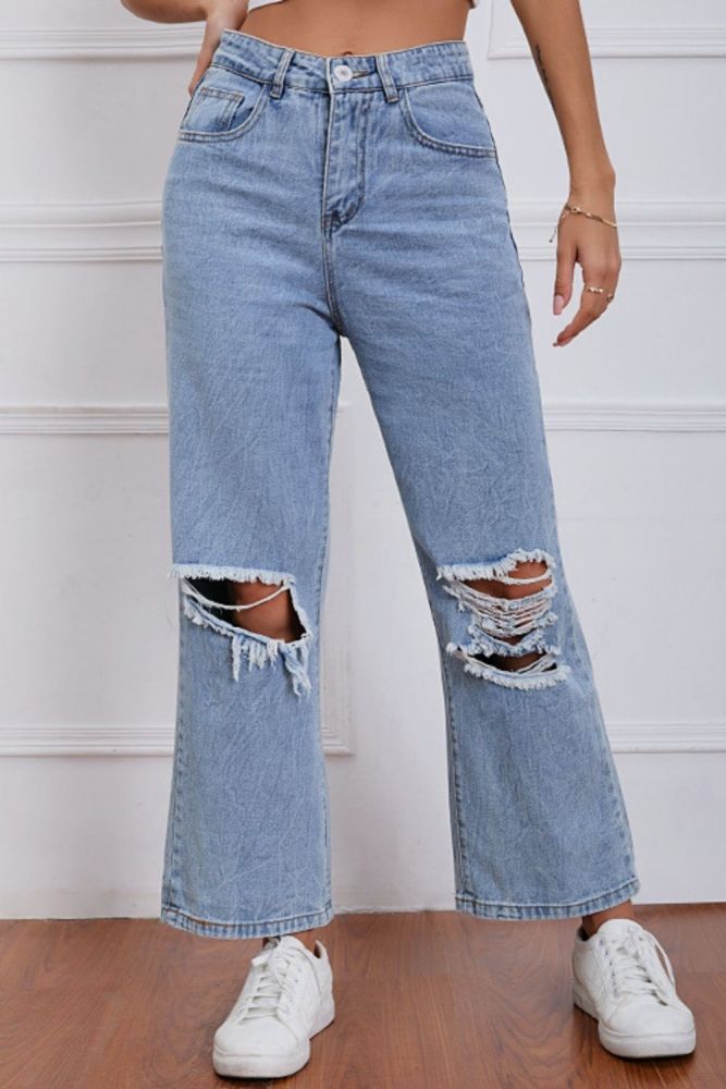 Ladies Vintage Hole  Ripped Wide Leg Jeans