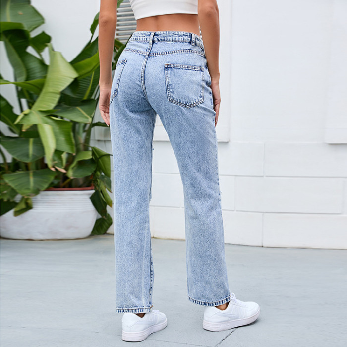 Women Ripped Vintage Washed Mid Waist Zipper Jeans