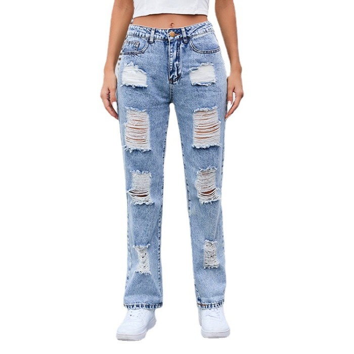 Women Ripped Vintage Washed Mid Waist Zipper Jeans