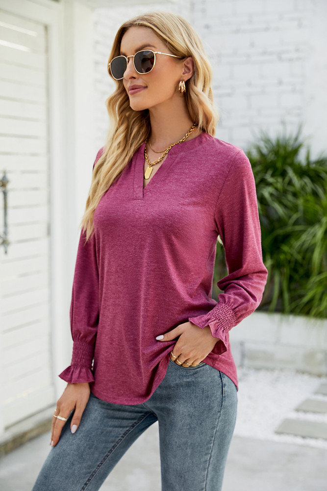 New Casual V-neck Solid Color Lotus Leaf Sleeve Loose Shirts