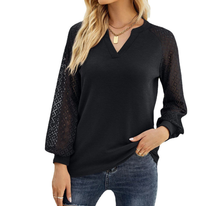Women Vintage Hollow Out V-Neck Solid Casual Blouses